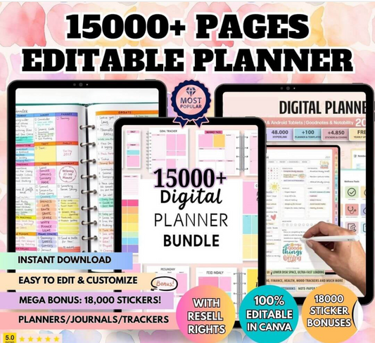 15,000+ Pages PLR Planners, Journals, Trackers + 8,000 Bonus Digital Stickers! | Mega Template Bundle with Resell Rights (Limited-Time Offer!)